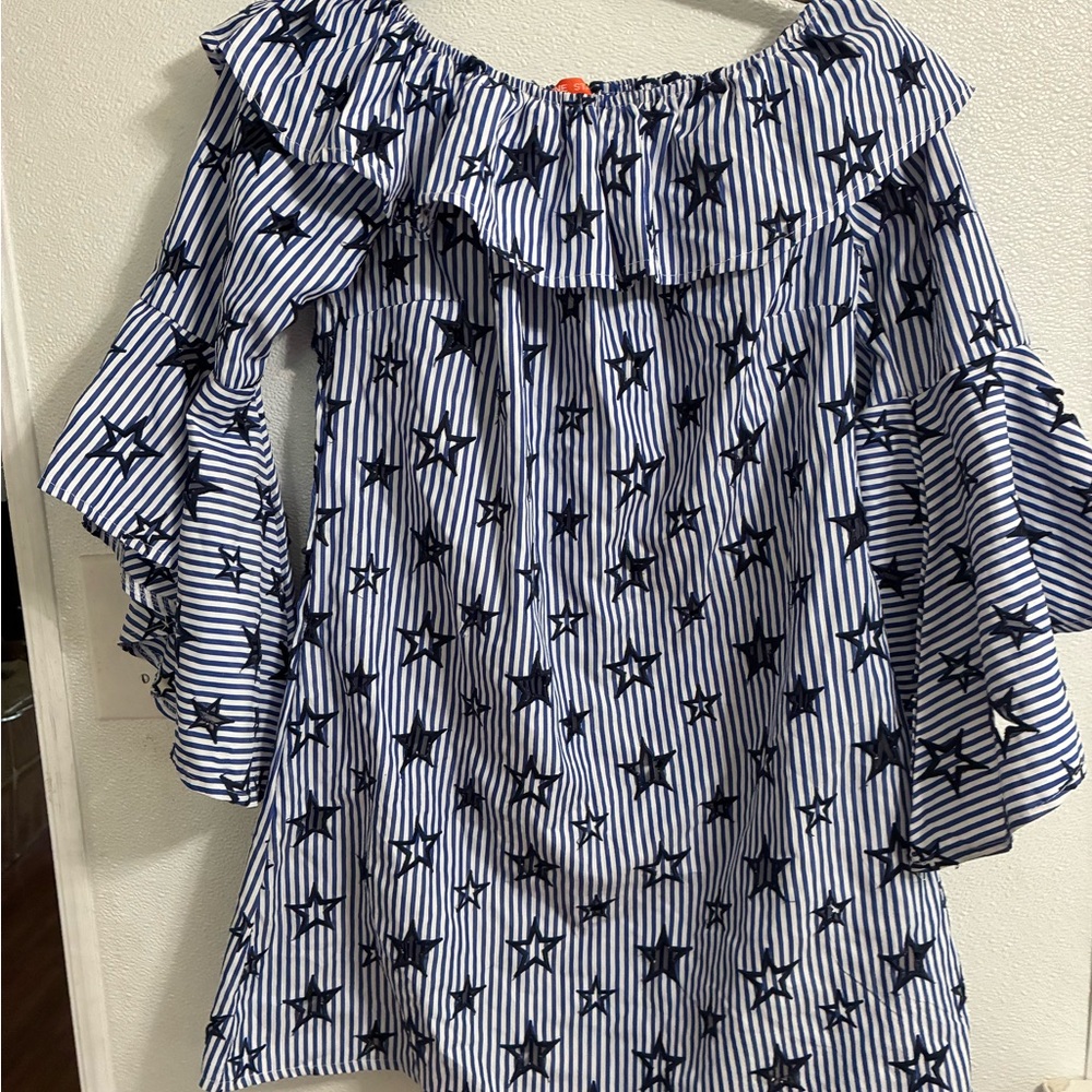 Striped Off-Shoulder One Star Top with Star Pattern & trumpet sleeves L